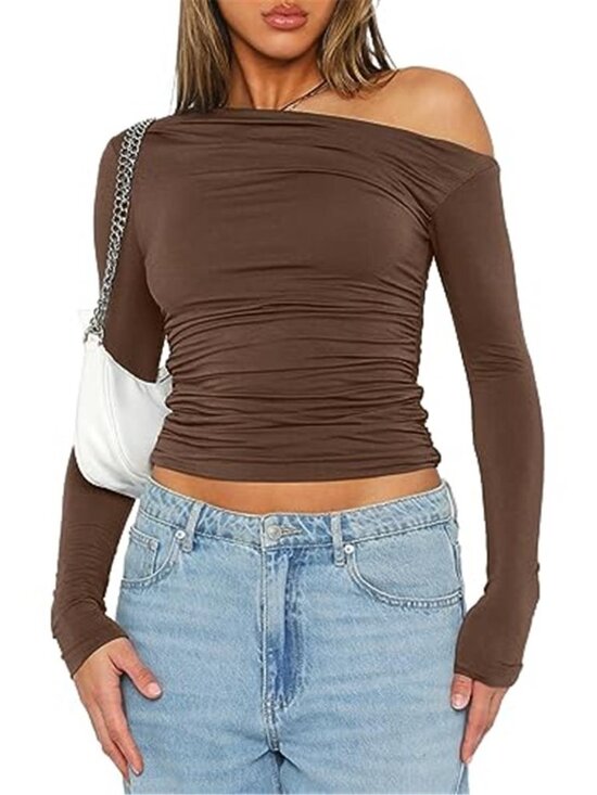 Tops - Women's Off Shoulder Long Sleeve Top Slim Fit Y2K Going Out Blouse